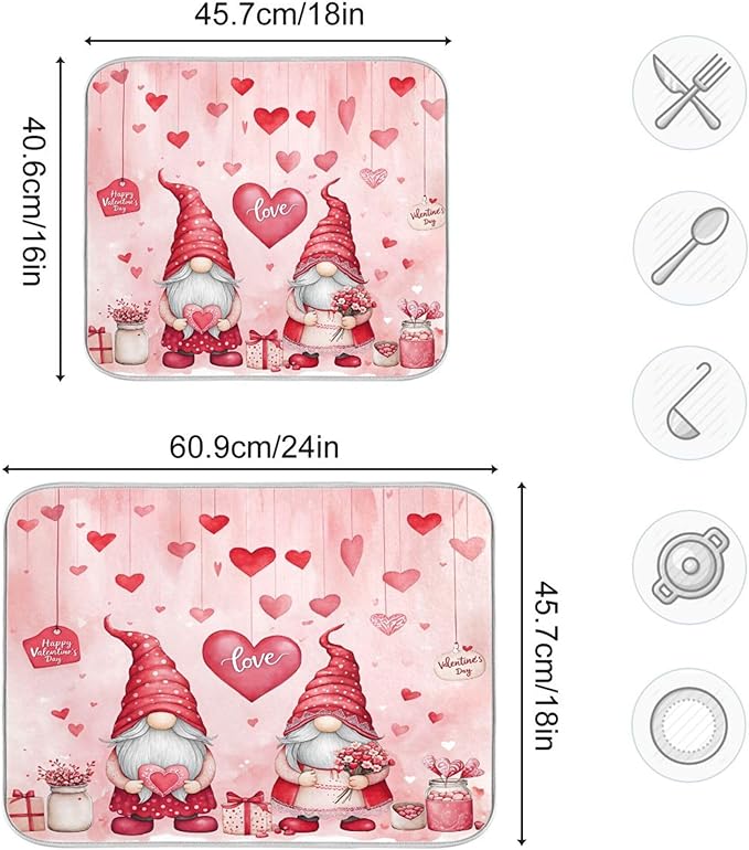 Valentine’s Day Gnomes Dish Drying Mat for Kitchen Countertop 16x18 Pink Love Heart Pink Small Drying Mat Reusable Quick Dry Dish Sink Mats Easy Clean Decorative Essentials