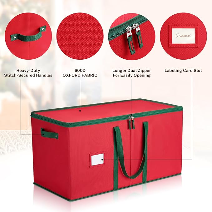 MaidMAX Christmas Ornament Storage Box Holiday Decoration Organizer, 128 Christmas Ball Accessories Holder with Adjustable Dividers, 8 Removable Trays, 600D Oxford, Zippered Closure (RED)