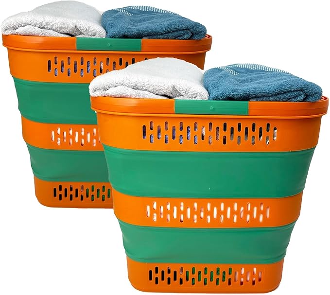 SAMMART 38L(10 Gal) Collapsible Laundry Basket - Foldable Pop-Up Storage Container/Organizer-Portable Space Saving Hamper, Measure 17.5x13.3x15.7"/3.8" Expanded/Collapsed (2, Autumn Leaf/Forest Green)