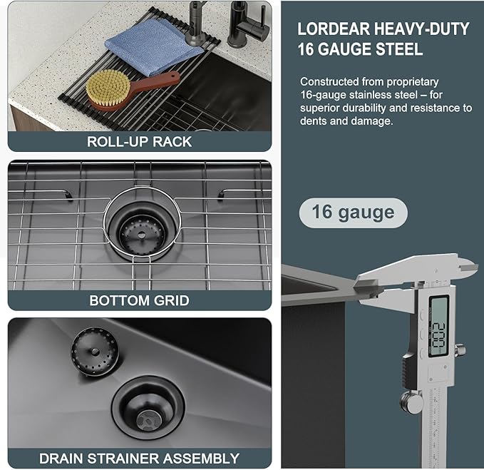 Lordear 24 Laundry Sink Stainless Steel 24" x 19" x 12" Undermount Sink Single Bowl 16 Gauge Stainless Steel Deep Laundry Room Utility Sinks Handmade Under Counter Basin