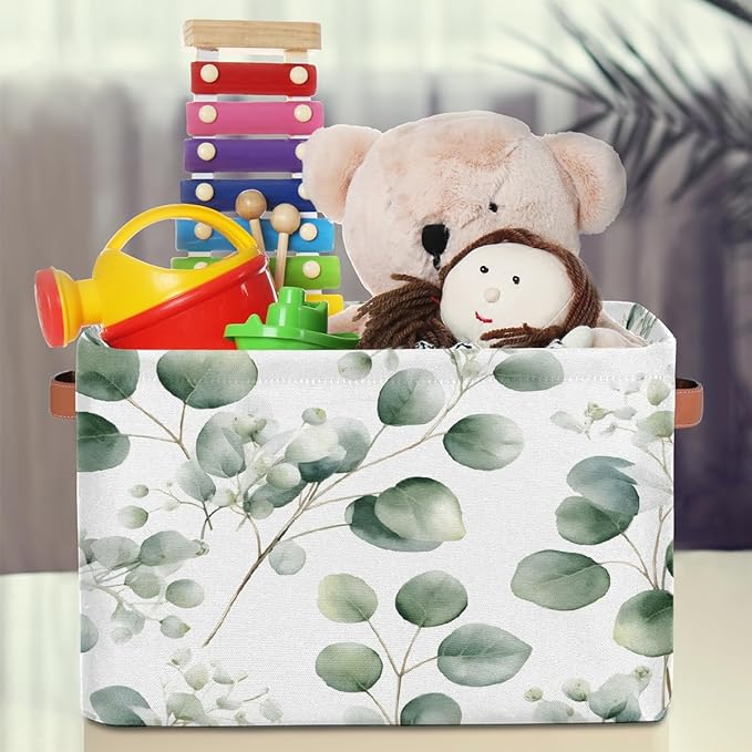 Eucalyptus Leaves Storage Basket for Shelves, Storage Bins with Handles, Collapsible Basket for Organizing, Closet Toy Baskets for Nursery Room, 15x11x9.5 in, Canvas, Sage Green