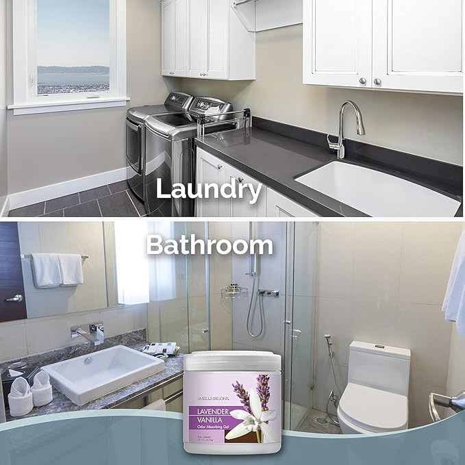 SMELLS BEGONE 15oz Gel Odor Eliminator - Absorb & Remove Tough Odors in Pet Areas, Bathrooms, Basements, Garage, Cars, RVs & Boats - Eliminate Odors Quickly (6-Pack, Lavender Vanilla)