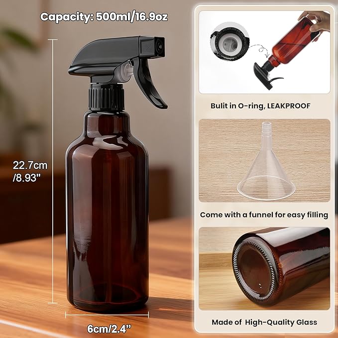 Hethyo Glass Spray Bottles 16.9oz Empty Spray Bottle Mist/Stream Spraying Small Refillable Containers for Hair Care, Cleaning Solutions, Plants, Essential Oils 1 Pack (Brown-1, 16.9oz)