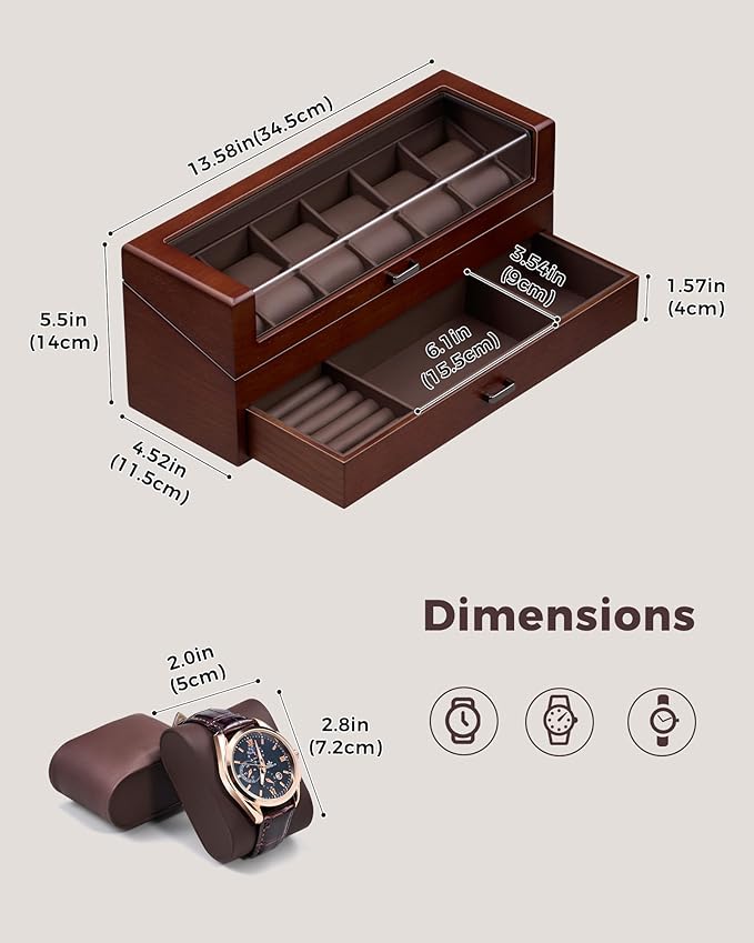 ProCase Wooden Watch Box for Men, Wood Watch Display Case Men's Jewelry Organizer Box with Drawer -6 Slot, Walnut