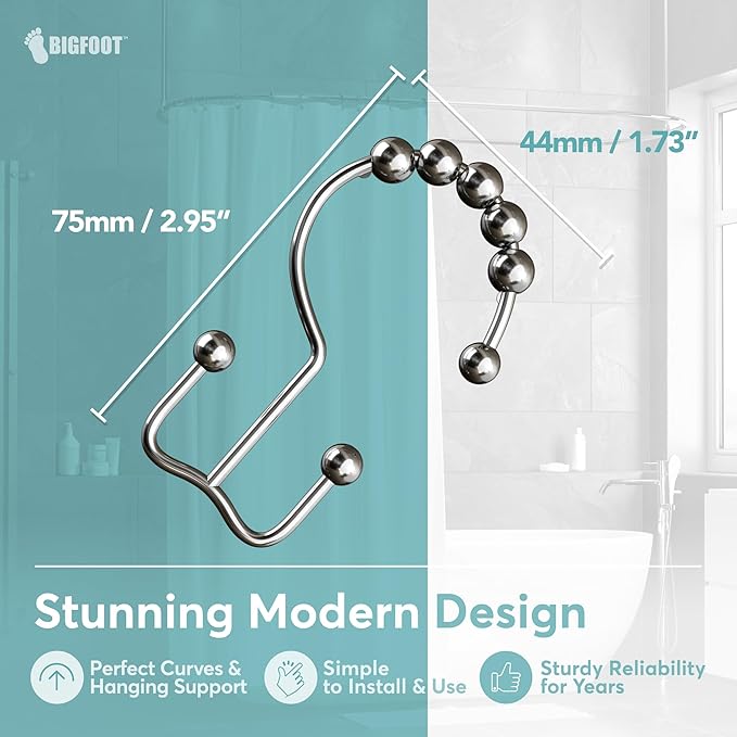 BigFoot Shower Curtain Hooks, Stainless Steel, Rust Resistant, Easy Installation & Smooth Glide, Fits Standard Shower Rods, 2 Hook Rings Hold Liners & Curtains, 12 Pieces, Nickel Color