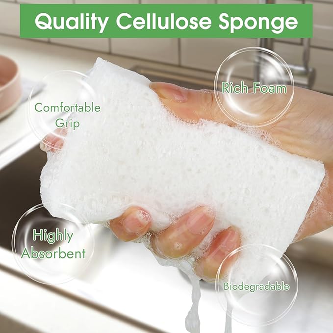 MOWPOG 12 PCS Dish Sponges Kitchen, Non Scratch Cleaning Sponge for Non Stick Cookware, Natural Compressed Cellulose Wash Scrub for Household Bathroom, Soft Washing Scrubbers (White)