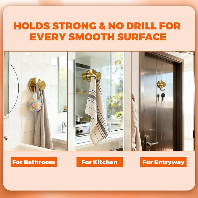 2026 Brushed Gold Suction Cup Hooks for Shower - No Drill Decorative Hooks Hold Towels & Wreaths on Glass Door & Bathroom Mirror - Luxury Finish Heavy Duty & Waterproof (2 Pack)