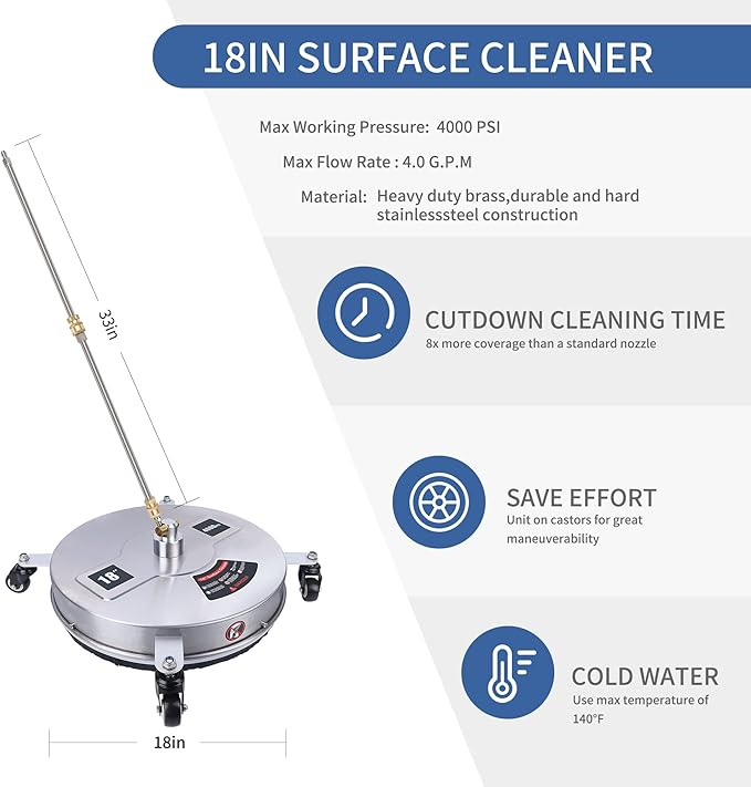 Biswing 18" Pressure Washer Surface Cleaner with 4 Wheels, Stainless Steel Power Washer Accessory for Driveways Sidewalks Patios Cleaning, 1/4" Quick Connector, 2 Extension Wand Attachments, 4000 PSI