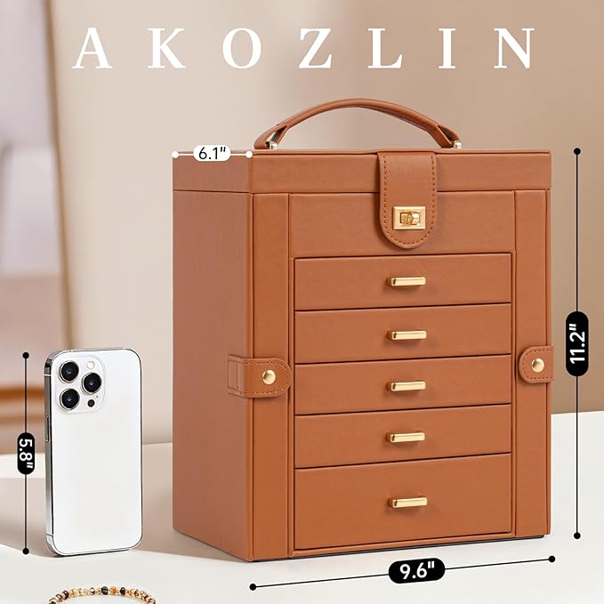 AKOZLIN 6-Tier Jewelry Box Organizer Functional 5 Drawers Leather Jewelry Storage Case for Women Girls Ring Necklace Earring Bracelet Holder Organizer with Mirror Dark Orange
