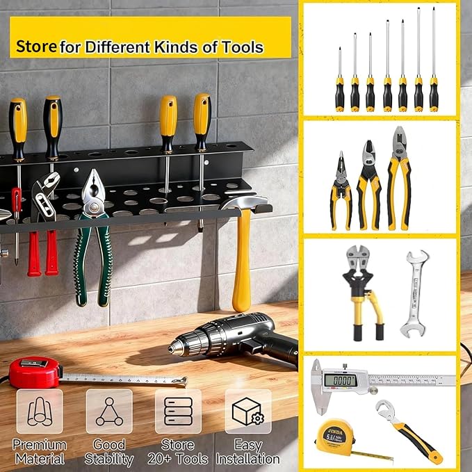 Metal Screwdriver Organizer, 15.75inch Utility Wall Mount Tool Organizer for Screwdrivers Pliers Holder with 35 Holes, Hand Tool Storage Rack for Workbench, Garage, Warehouse (Black, 2 Layers)