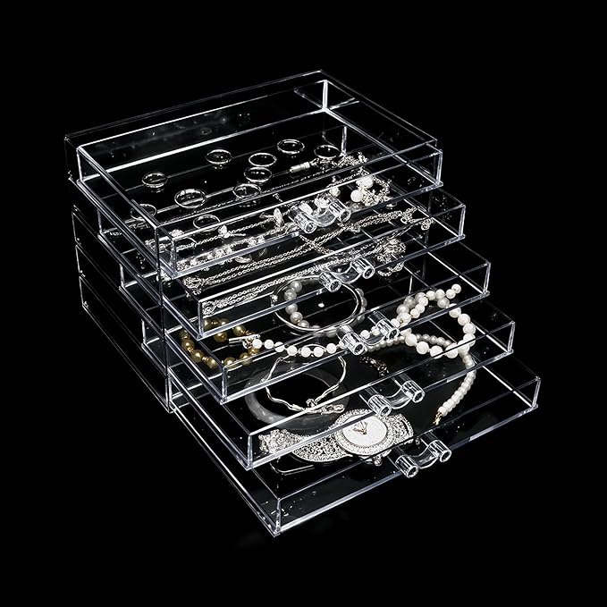 Clear Acrylic Jewelry Storage Box, Earring Jewelry Organizer with 5 Drawers, 5-Layer Jewelry Box for Women, Earring Display Holder for Earrings Ring Bracelet Necklace Transparent Display Storage Case
