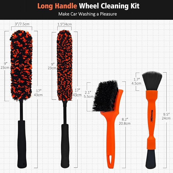 YeewayVeh 4PCS Car Wheel Cleaning Kit, 2-Size Bendable Microfiber Wool Wheel Brush Set, Tire Brush, Double-Ended Detailing Brush, Soft Non-Metallic Rim Cleaner Brushes for All Wheel Types