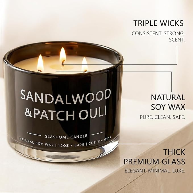 Patchouli & Amber Scented Candle, Luxury Large 3 Wick Soy Candle 12 Oz, 60+ Hour Long Lasting Clean Burn, Elegant Aromatherapy Home Decor, Housewarming & Birthday Gift for Men & Women