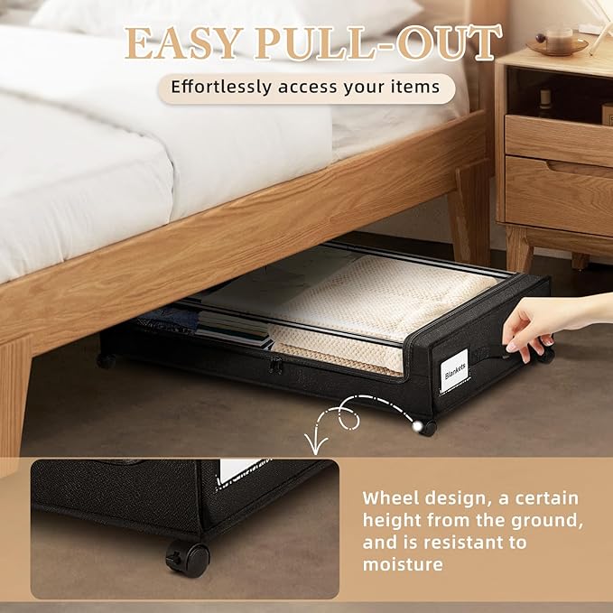 kleenhive Under Bed Storage with Wheels 2-Pack，Under Bed Storage Containers XXL，Underbed Shoes Storage with Clear Lid,Rolling UnderBed Metal Drawer for Clothes Blankets Easy Pull-out Black