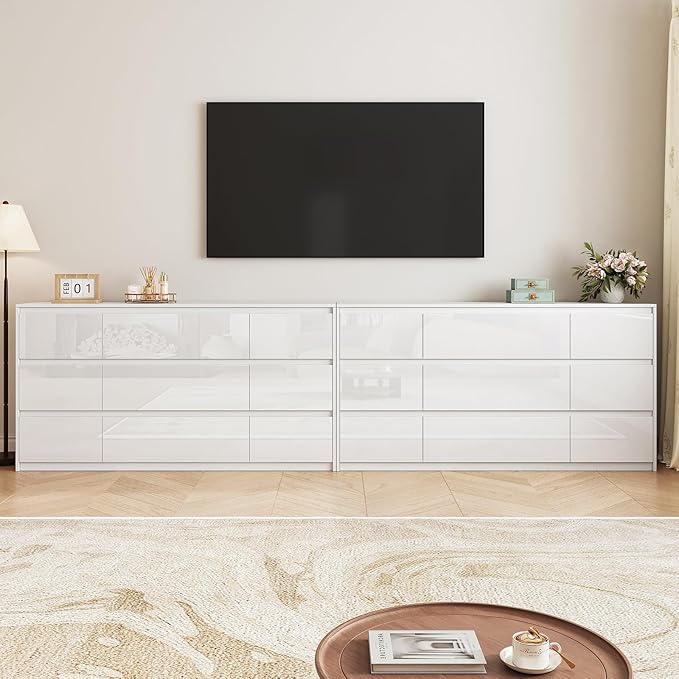 White Dresser for Bedroom,60.4" W High Gloss Large 9 Drawers Dressers with Handle Free, Wide High Gloss Chest of Drawers Large, Long Modern Storage Drawer Dresser for Bedroom, Living Room