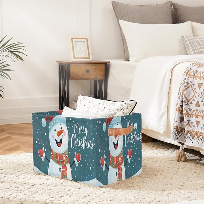 Storage Baskets Bin, Christmas Winter Snowman Collapsible Canvas Fabric Storage Bin Decorative Baskets Toy Organizer Rectangle Storage Boxes with Handles for Home Shelves Nursery, J-022