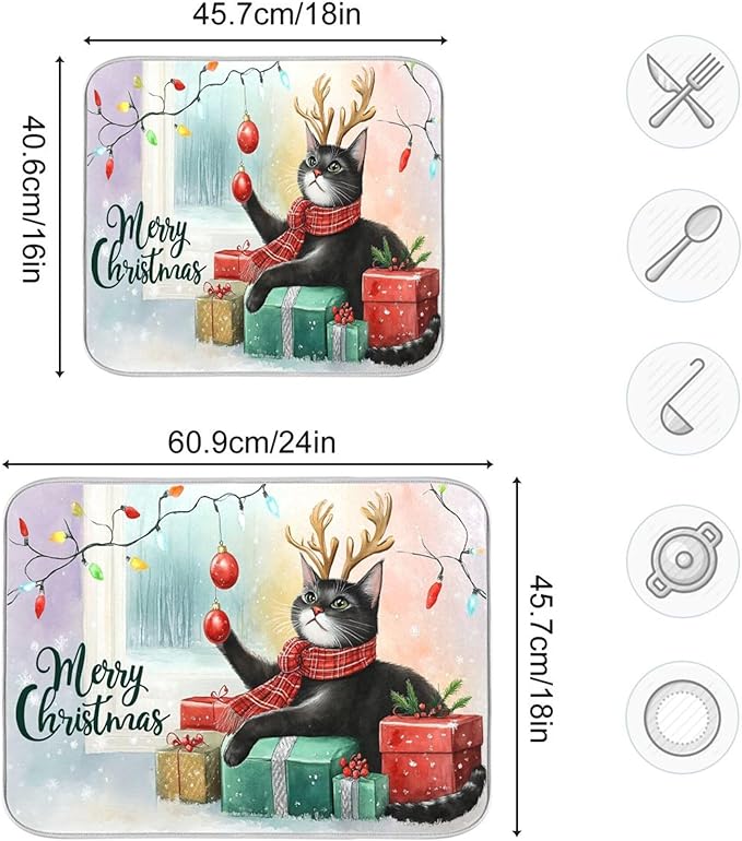 Merry Christmas Cat Dish Drying Mat for Kitchen Countertop 16x18 Winter Snow Kitty Xmas Reindeer Small Drying Mat Reusable Quick Dry Dish Sink Mats Easy Clean Decorative Essentials