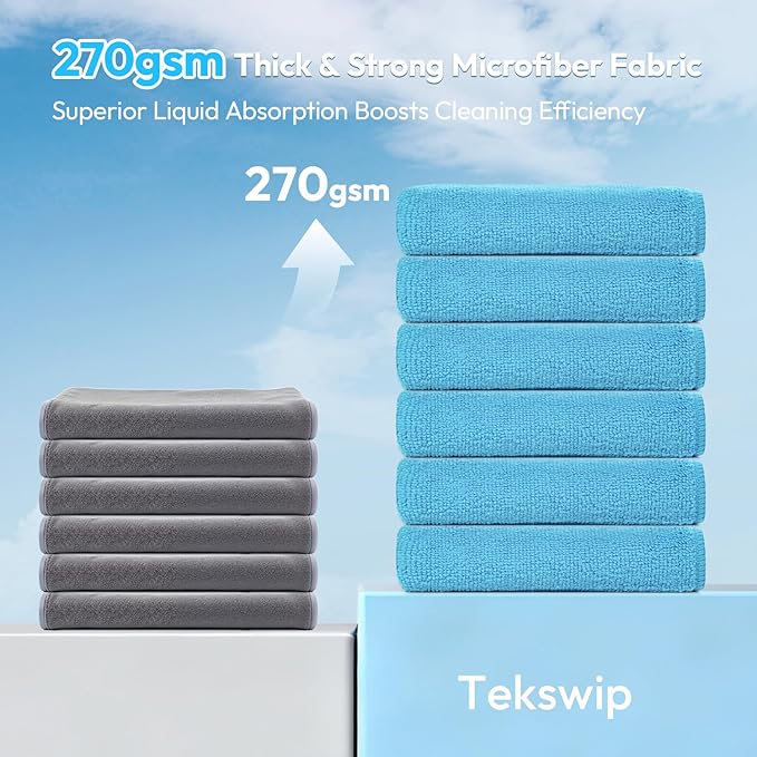 Tekswip Microfiber Cleaning Cloth 12"X12" 12 Pack Colour Lint Free Microfiber Towels for Cars-Extra Thick, Streak-Free, Fast Absorbent - Reusable Multi-Purpose Housekeeping Rags for Cars