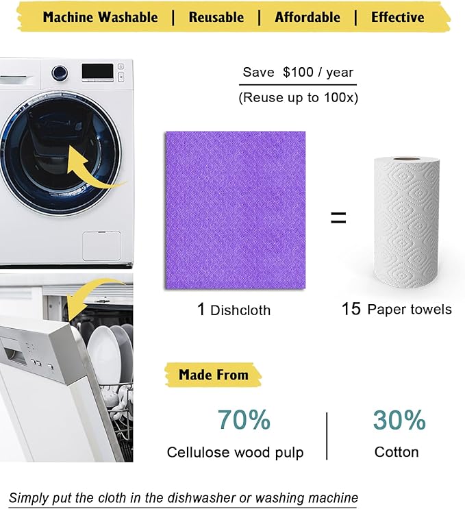 MoLKENE Swedish Dishcloths for Kitchen | 6 Pack Absorbent Cellulose Sponge Cloths Washable | Non-Scratch Reusable Paper Towels Quick Drying Cleaning Cloths - Purple