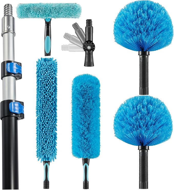 Hicavar High Ceiling Fan Duster with 5-8 Foot Extension Pole, Extendable Reusable Cobweb, Feather, Window Cleaning Squeegee Kit