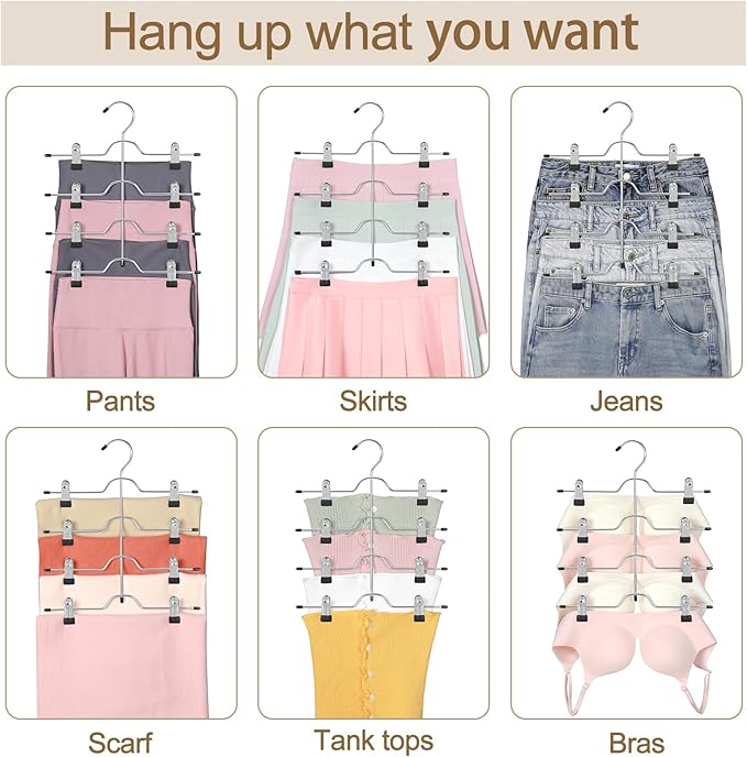 TOPIA HANGER 4 Tier Metal Skirt Hangers for Women, Pants Hanger Space Saving with Adjustable Clips, Gain 70% More Space, Non Slip Grip for Slacks, Trousers, Shorts, Jeans, Towels, Black, 4-Pack, CT61B