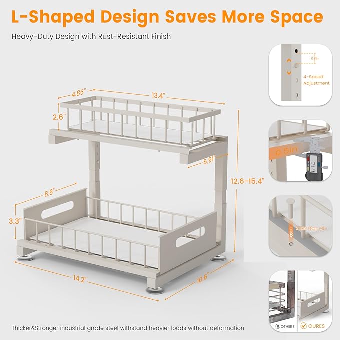 Toyear Under Sink Organizer, Heavy Duty Metal Pull Out Cabinet Organizer Slide Out Sink Shelf Organizer Height Adjustable, Multi-Purpose Storage Shelf for Kitchen Bathroom(Sand,1Pack)