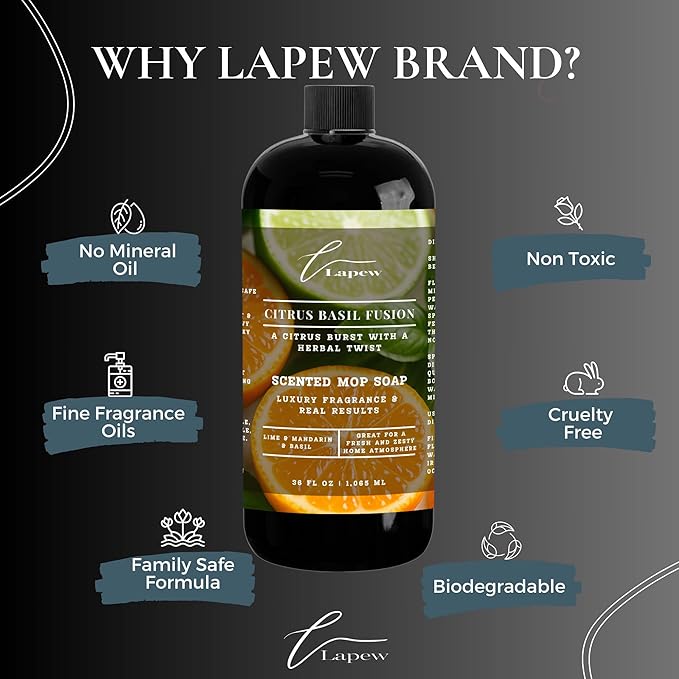 Lapew Citrus Basil Fusion Scented Mop Soap Concentrate 36 oz | Premium Fragranced Floor Cleaner | Streak-Free | Hard Floor Cleaning Solution | Eco Friendly | Made in USA (Lime Basil Mandarin)
