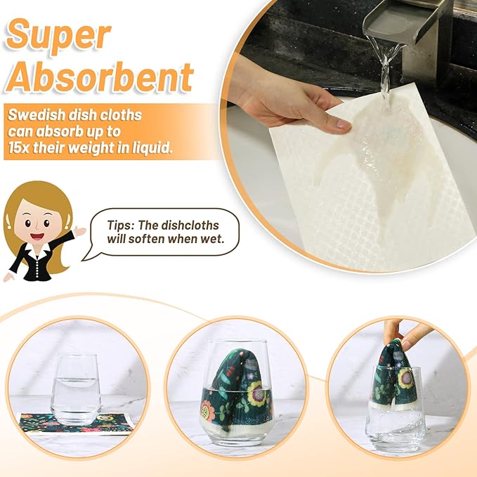 Lucomb 8 Pack Swedish Dishcloths for Kitchen, Reusable Soft Kitchen Towels Dish Cloths Set Absorbent Sponge Cleaning Washable Quick Drying Bar Hand Washing (Birds Flowers)