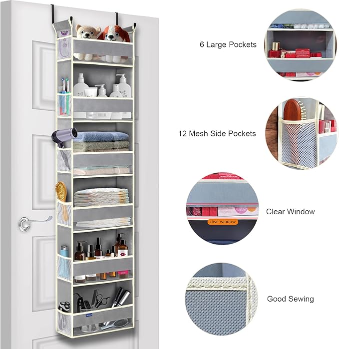 roomtalk Over The Door Organizer 6-Shelves and 12 Side Pockets, Over The Door Storage for Bathroom Bedroom Nursery, Hanging Door Organizers for Baby Diapers and Kids Toys (13"x5"x54", Grey)
