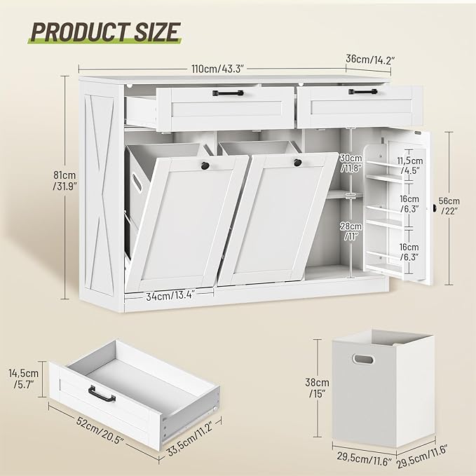 Double Tilt Out Laundry Hamper Cabinet, 43.3" Laundry Storage Cabinet with 2 Removable Baskets, Farmhouse Wooden Hidden Trash Bin Cabinet with Open Shelving, for Bathroom, White