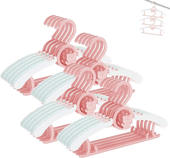HGYZE Baby Hangers for Closet, Non-Slip 11"-14" Adjustable Infant Clothes Hanger for Nursery, 0-18yrs Plastic Kid Hanger Clothing Organizer, Children Pink Plastic Rack for Newborn Toddler Coat, 20pcs