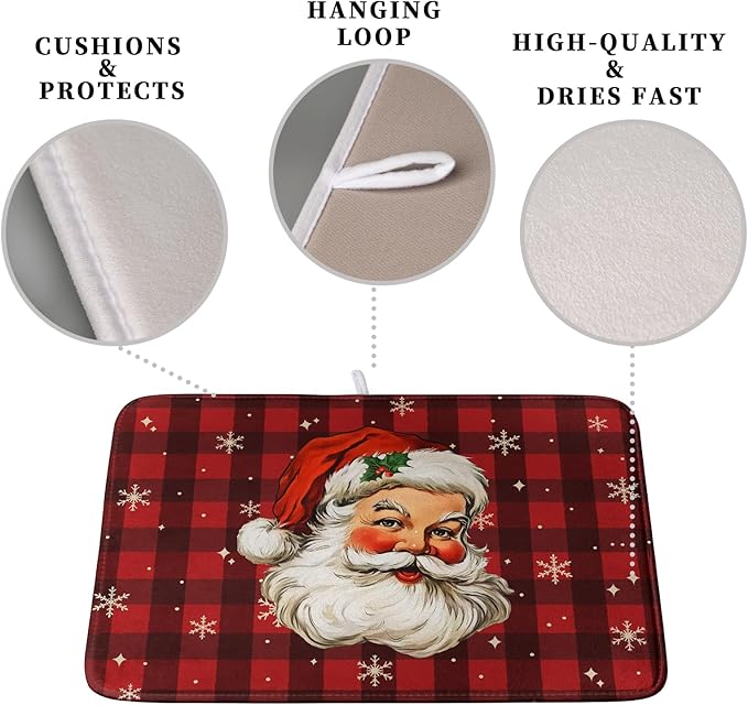 Kwlegh Santa Claus Christmas Dish Drying Mat Xmas Red and Black Buffalo Plaid Snowflake Drying Mats Winter Holiday Dishes Drying Pad Microfiber Absorbent Dish Drainer Rack Mat 16x18 Inch
