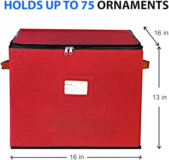 ProPik Large Christmas Ornament Storage Box, Organizer Holds Up to 75 Xmas Ornaments Balls, Holiday Decorations Accessories Storage Container with Dividers, Durable 600D Oxford (Red)