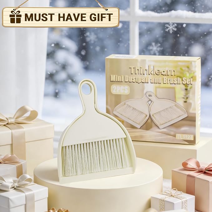 THINKLEARN 2PCS Mini Broom and Dustpan Set, Small Dustpan and Brush, Compact Hand Broom Dust Pan Set for Cleaning, Beige