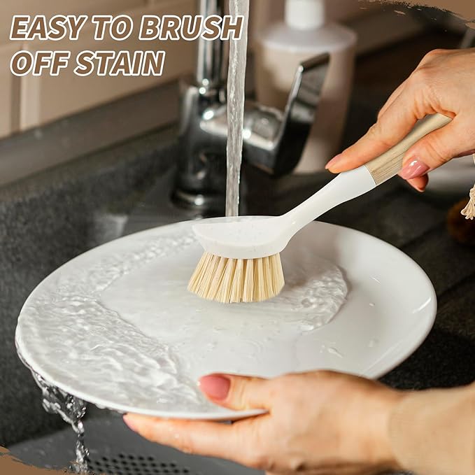 DEBETOOL Dish Brush with Built-in Scraper - 4 Pack Bamboo Dish Scrubber Brush with Handle, Kitchen Brushes for Dishes & Pots, Sink, Eco Cleaning Tool Set