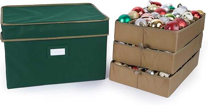 Covermates Keepsakes Adjustable Ornament Storage Box – Heavy-Duty Polyester, Padded Dividers & FlexGrid Trays – Protective Holiday Organizer with Stackable Walls & Label Window, Green