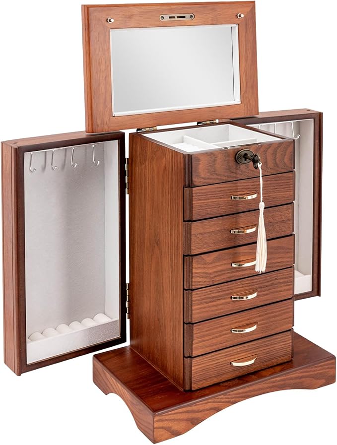 Retro Jewelry Box 7-Tier Large Jewelry Organizer with 6 Drawers and 2 Side Doors Women Girls Storage Case for Necklace Rings Earrings Accessories, with Mirror and Lock,11.1x6.9x14.2in,MDF (Brown)