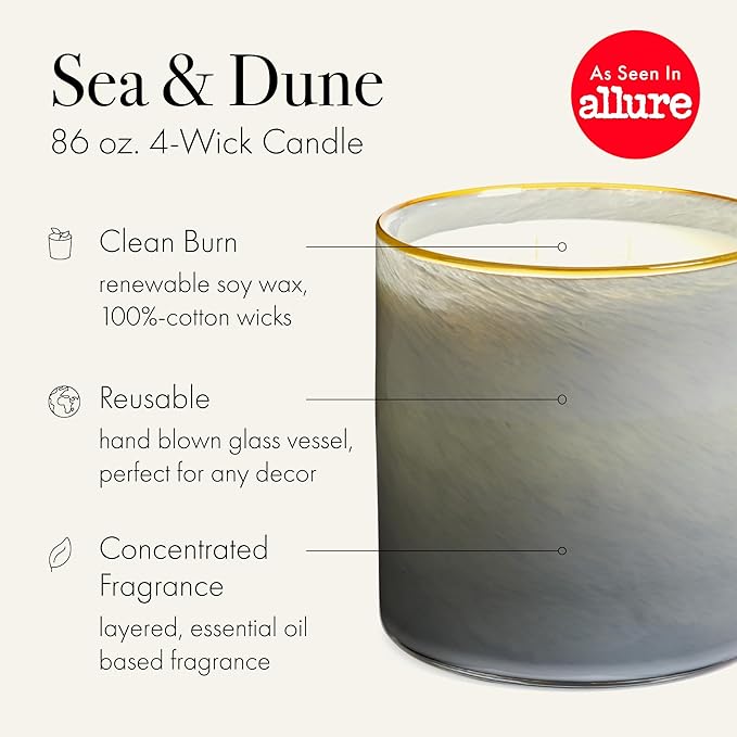 LAFCO New York Luxe 4-Wick Candle, Sea & Dune - 86 oz - 200-Hour Burn Time - Reusable, Hand Blown Glass Vessel - Made in The USA