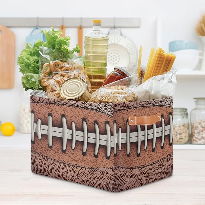 American Football Storage Basket for Shelves, Storage Bins with Handles, Collapsible Basket for Organizing, Closet Toy Baskets for Nursery Room, 15x11x9.5 in, Canvas, Retro Football
