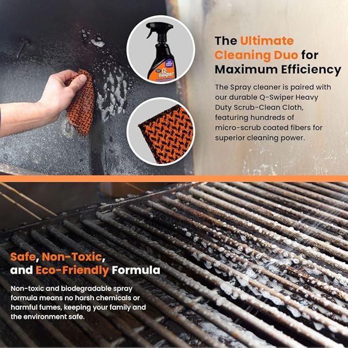 Proud Grill Company Q-Swiper 2-Minute Miracle Grill & Grate Cleaner with Scrub Clean Cloth - Degreaser Spray for BBQ, Oven, Stove, Kitchen Tops & Surfaces, Grate & Grease Remover, Smoker Cleaning Kit