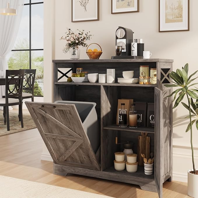 Tilt Out Trash Can Cabinet for 13 * 1 Gallon Trash Can, Farmhouse Kitchen Island Cabinet with Adjustable Shelf for Hidden Laundry Basket, Dog Proof Garbage Can for Dining Living Room, Grey