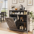 Tilt Out Trash Can Cabinet for 13 * 1 Gallon Trash Can, Farmhouse Kitchen Island Cabinet with Adjustable Shelf for Hidden Laundry Basket, Dog Proof Garbage Can for Dining Living Room, Grey