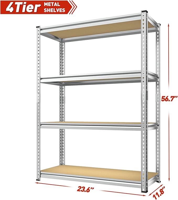 REIBII Storage Shelves Adjustable Metal Shelving 1600LBS Garage Shelves Industrial Metal Shelves 4 Tier Garage Shelving for Pantry Closet Kitchen Basement, Sliver, 11.8" D x 23.6" W x 56.7" H