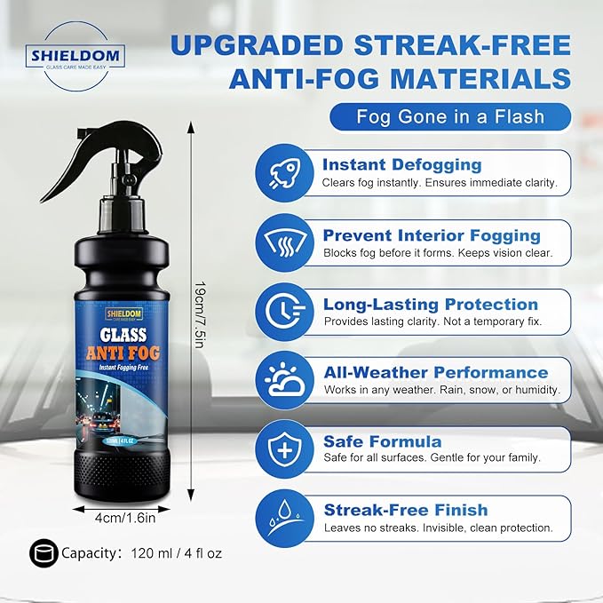 SHIELDOM Anti-Fog Spray for Glass Car Windshield Defogger Prevents Fogging of Interior Glass, Mirrors, Windows, Visors, Glasses, Goggles, Shower Door with Defogging & Cleaning Sponge, Towel 4oz/120ml