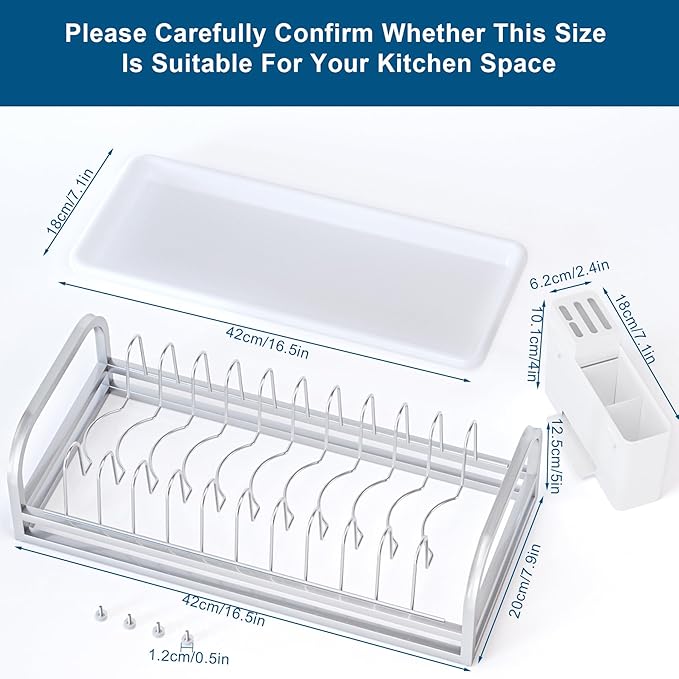 YEYPOP Dish Drying Rack for Small Kitchen Counter, 304 Stainless Steel Small Dish Rack w Utensil Holder & Tray for Limited Space, Rustproof Narrow Dish Rack for Pot & Pan, Plate, Lid (Silvery)