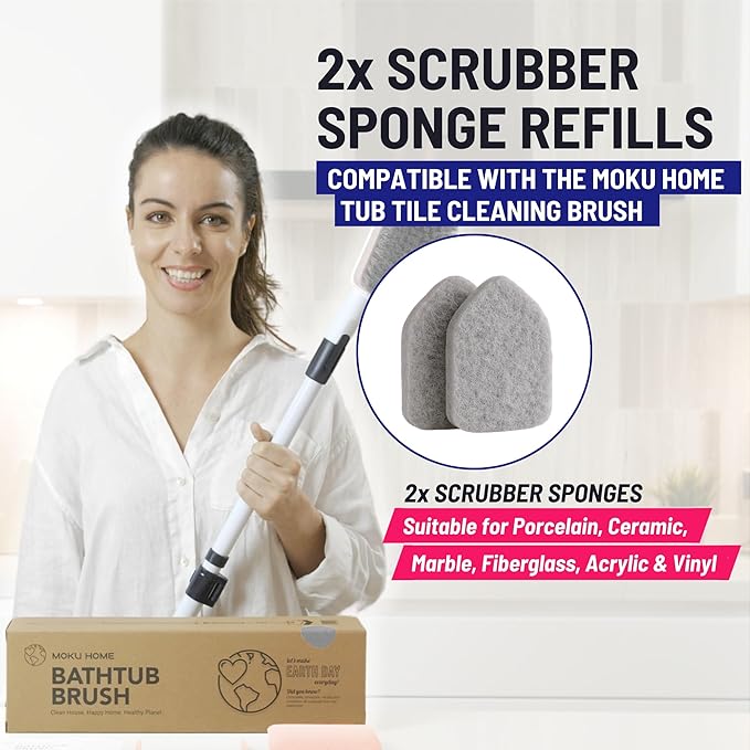 Moku Home Replacement Scrubber Refill for Moku Home Extendable Tub Tile Shower Brush for Cleaning Non-Scratch (2X Scrubber Sponge Gray)