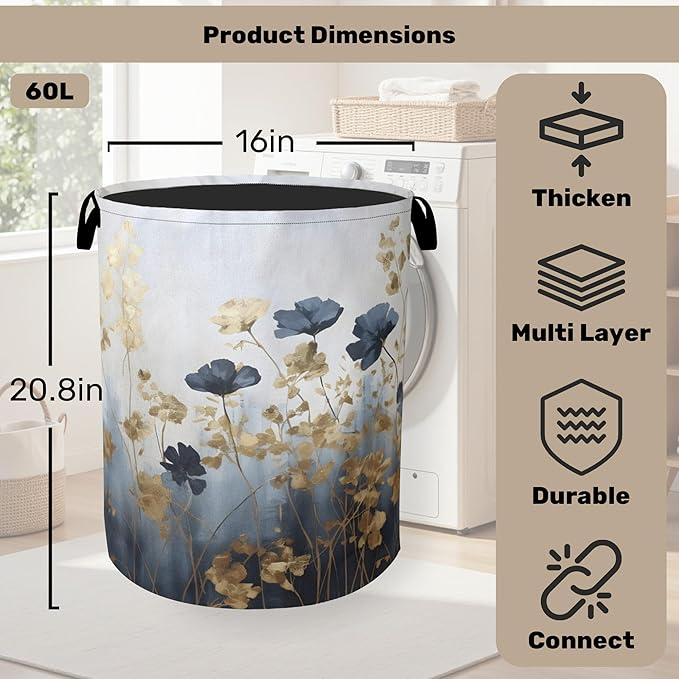 Blue Flowers Laundry Basket - Extra Large Foldable Laundry Hamper with Handles, Washable Storage Bin for Bathroom/Laundry/Bedroom/Dorm
