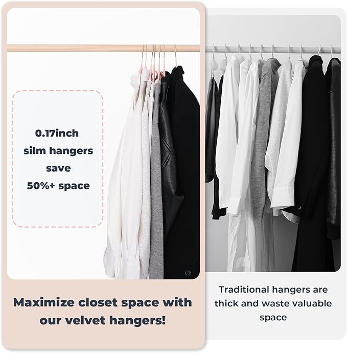 Limogoo Pink Velvet Hangers 50 Pack, Felt Covered Non Slip Fabric with Stackable Cascading Hook, Ultra Thin and Space Saving with 360° Swivel Neck, 15Lbs Capacity for Clothes, Suit, Shirt, Coat