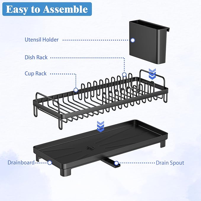 CHLORYARD Small Dish Drying Rack, Compact Sink Dish Drainer Plate Rack Organizer with Utensil Holder and Drainbaord for Kitchen Counter, RVs, Apartments