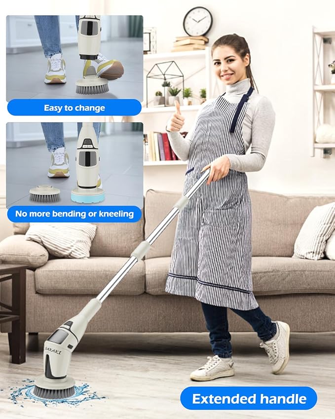 SAKAKI Electric Spin Scrubber Cordless Shower Cleaning Brush with 10 Replaceable Heads Powerful IPX7 Waterproof Bathroom Cleaner 3 Speeds Detachable Long Handle Voice Broadcast for Floor Car Kitchen